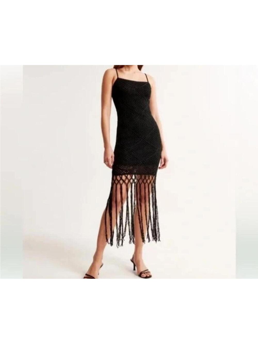 NWT Abercrombie & Fitch Black Crochet Fringe Midi Dress - Size XL